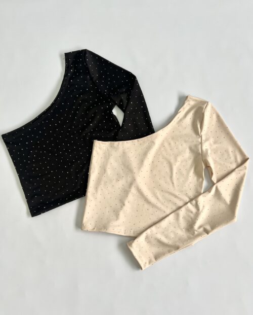 1828/MS-TOP MICROFIBRA BRILLO STRASS UN HOMBRO MANGA LARGA