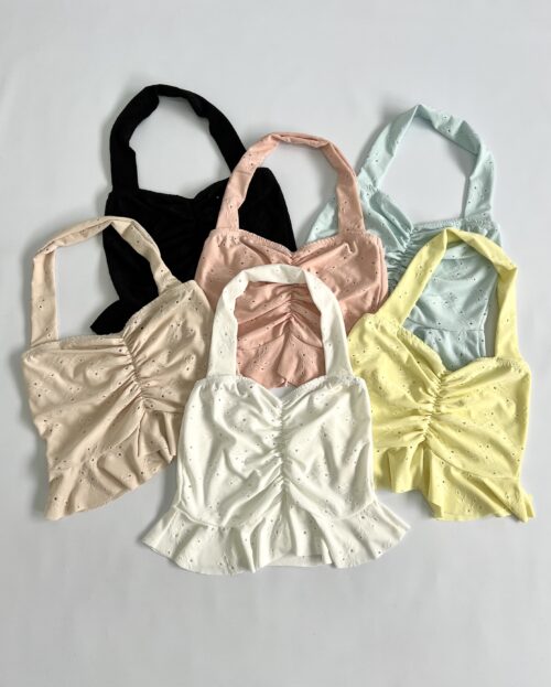 2720/B-TOP STRAPLESS BRODERI PUNTO FRUNCE ELASTICO CENTRO CON VOLADO Y BRETEL ANCHO CUELLO