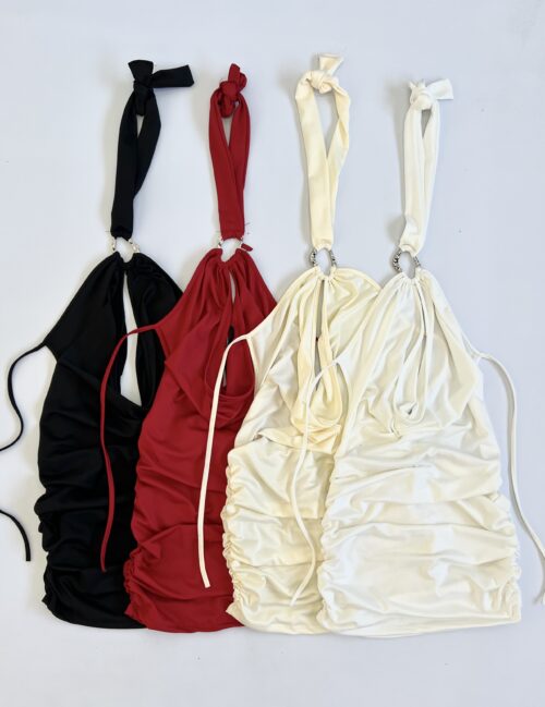 428/M-VESTIDO MICROFIBRA HALTER BUCHE CAIDO HEBILLA ARGOLLA CON TIRA PARA ATAR CUELLO Y LATERALES FRUNCE ELASTICO