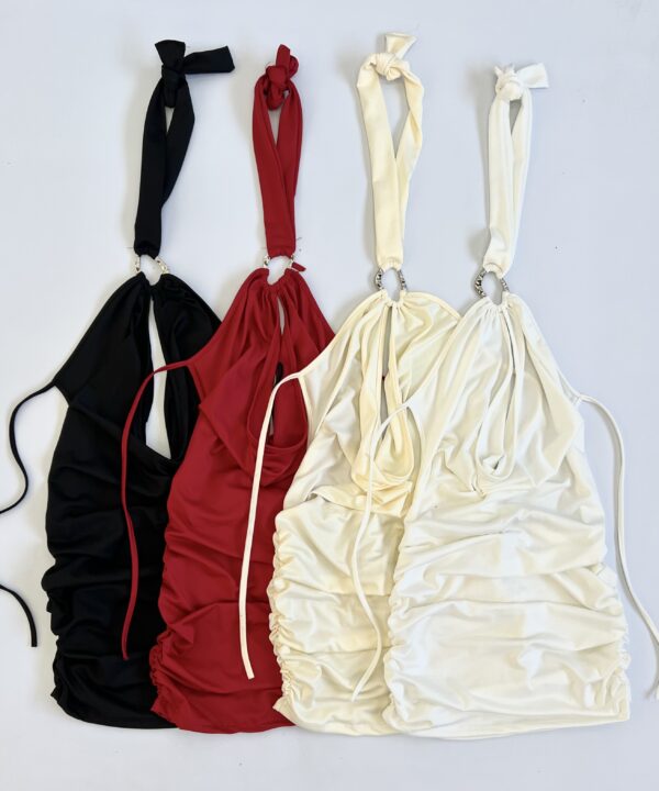 428/M-VESTIDO MICROFIBRA HALTER BUCHE CAIDO HEBILLA ARGOLLA CON TIRA PARA ATAR CUELLO Y LATERALES FRUNCE ELASTICO