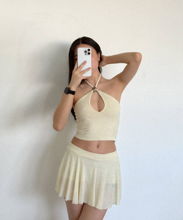 2517/TB-TOP TUL BRILLO ESCOTADO TIRA CRUCE CON HEBILLA CHICA PARA ATAR CUELLO