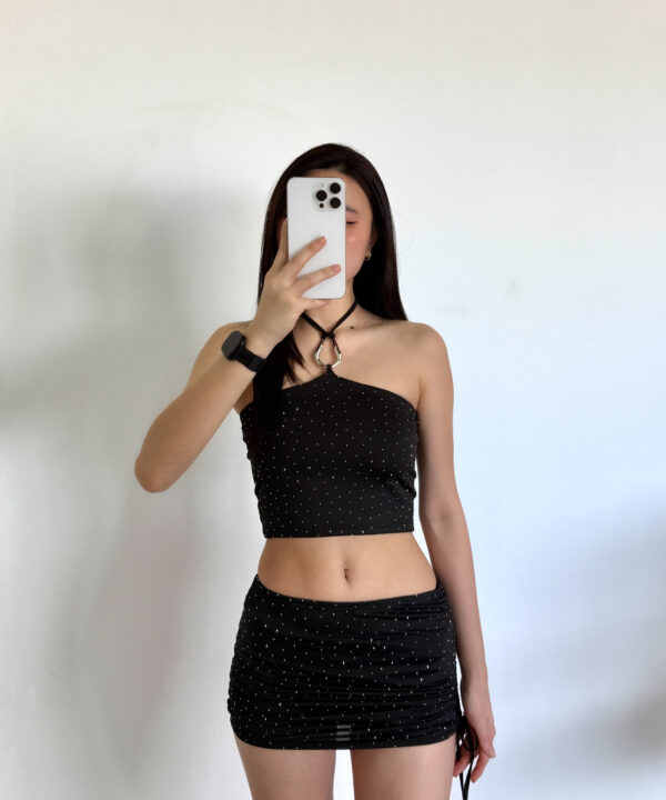 1916/MS-TOP MICROFIBRA STRASS HALTER FORRADO CON HEBILLA Y TIRA PARA ATAR CUELLO