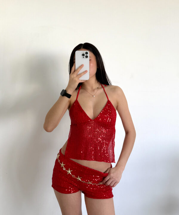 1649/LE-TOP LENTEJUELA RECORTE PECHERA CON TIRA PARA ATAR CUELLO Y ESPALDA DESCUBIERTA