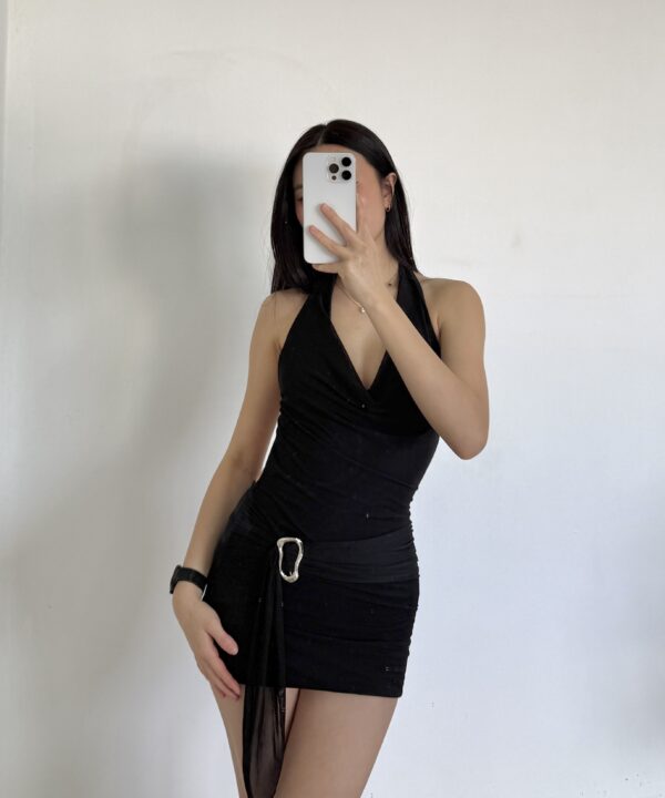 495/T-VESTIDO TUL LISO BUCHE FORRADO CON CINTURON LAZO HEBILLA ONDULADO