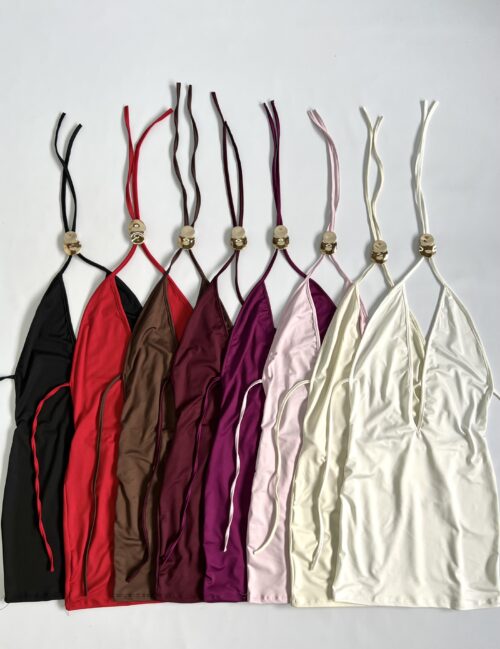 481/M-VESTIDO MICROFIBRA HALTER ESCOTADO HEBILLA DOBLE CIRCULO CON TIRA PARA ATAR CUELLO Y ESPALDA