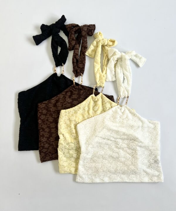 2101/J-TOP TUL JACQUARD FLOR HALTER HEBILLA CIRCULO RELIEVE TIRA ANCHA PARA ATAR CUELLO