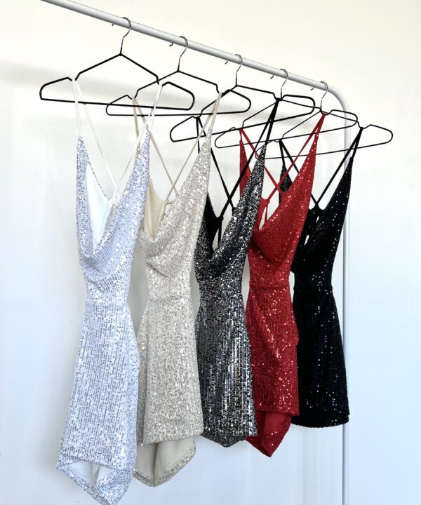 327/LE-VESTIDO LENTEJUELA CORTO ESCOTE BUCHE ESPALDA TIRA CRUZADO PARA ATAR