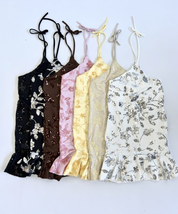 494/MLE-VESTIDO HALTER MICROFIBRA LENTEJUELA FLORES TIRA PARA ATAR CUELLO Y VOLADO ABAJO