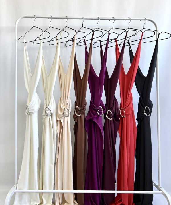 500/M-VESTIDO LARGO MCIROFIBRA TIRITA CON TAJO CRUZADO Y CINTURON FRUNCIDO HEBILLA ONDULADO GRANDE