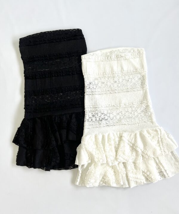 429/ER-VESTIDO STRAPLESS ENCAJE RUFFLE DOBLE VOLADO CON SHORT INTERNO