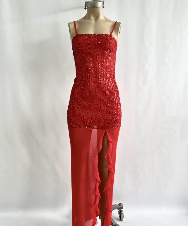 Alternative view of 501/LE-VESTIDO LARGO LENTEJUELA RECTO TIRITA CON RECORTE TUL POLLERA CON VOLADOS CAIDOS