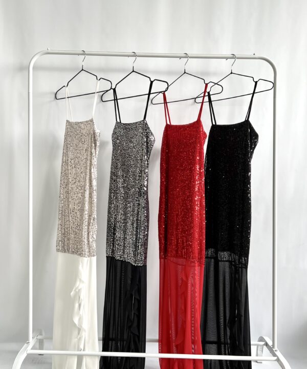 501/LE-VESTIDO LARGO LENTEJUELA RECTO TIRITA CON RECORTE TUL POLLERA CON VOLADOS CAIDOS