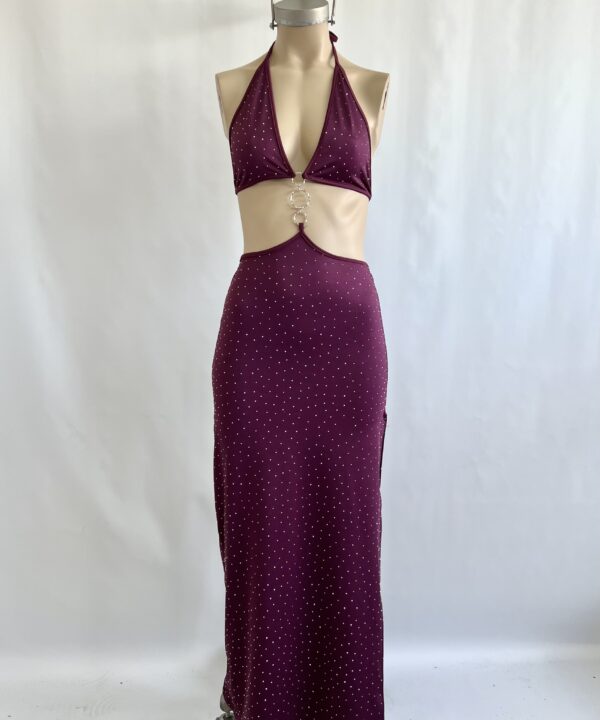 461/MS-VESTIDO LARGO MICROFIBRA STRASS PECHERA TIRA PARA ATAR CUELLO Y CENTRO HEBILLA oOo CON TAJO LATERAL