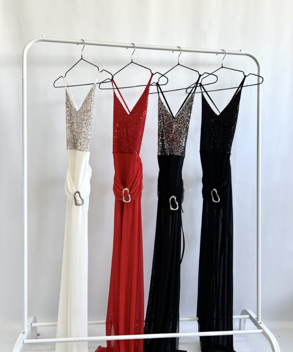 499/LE-VESTIDO LARGO LENTEJUELA COMBI TUL CINTURON HEBILLA ONDULADO CON SHORT Y ESPALDA DESCUBIERTO TIRAS PARA ATAR