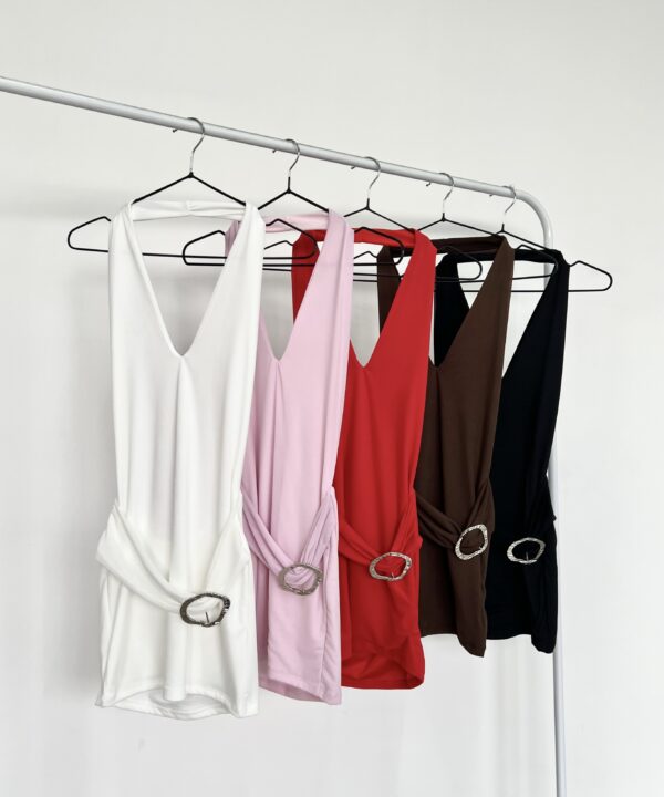 504/T-VESTIDO TUL LISO MARILYN ESCOTE V CON CINTURON HEBILLA OPACO RELIEVE