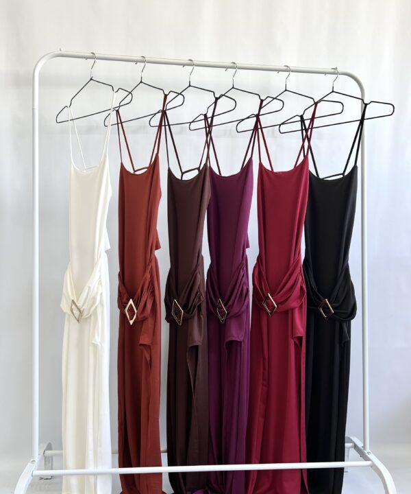 506/M-VESTIDO LARGO MICROFIBRA TIRITA CINTURON FRUNCE HEBILLA ROMBO DORADO Y TRASERA FRUNCE ELASTICO