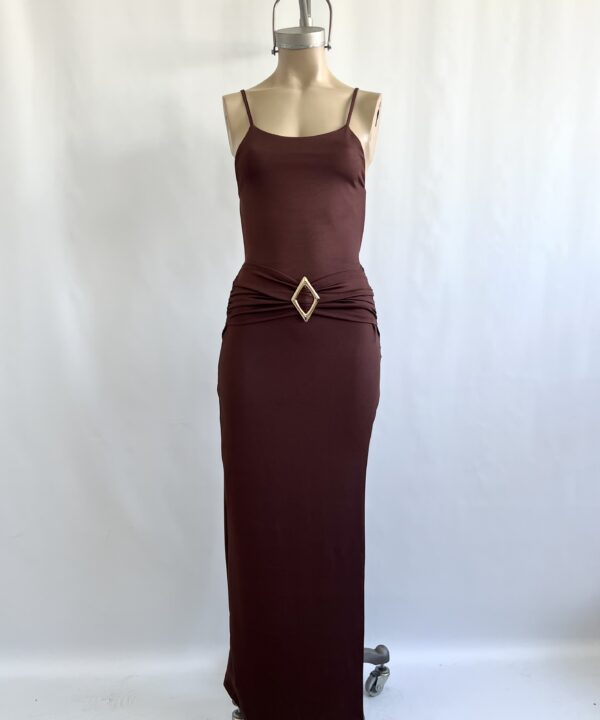 Alternative view of 506/M-VESTIDO LARGO MICROFIBRA TIRITA CINTURON FRUNCE HEBILLA ROMBO DORADO Y TRASERA FRUNCE ELASTICO