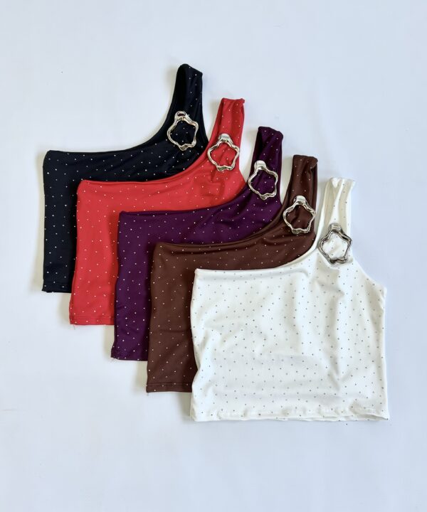 2107/MS-TOP MICROFIBRA BRILLO STRASS UN HOMBRO CON HEBILLA NUBE Y PECHERA FORRADO