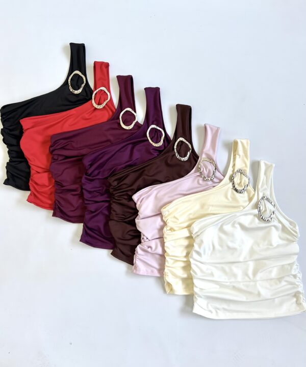 2520/M-TOP MICROFIBRA UN HOMBRO HEBILLA OPACO RELIEVE LATERALES ELASTICO FRUNCE