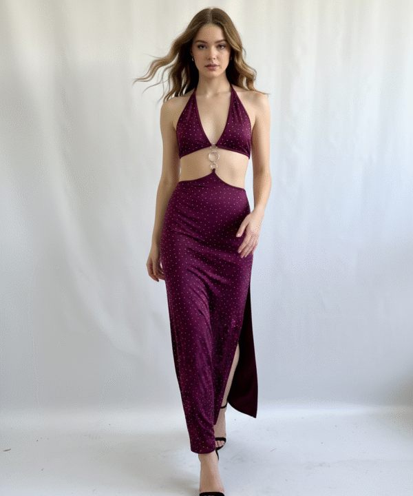 461/MS-VESTIDO LARGO MICROFIBRA STRASS PECHERA TIRA PARA ATAR CUELLO Y CENTRO HEBILLA oOo CON TAJO LATERAL