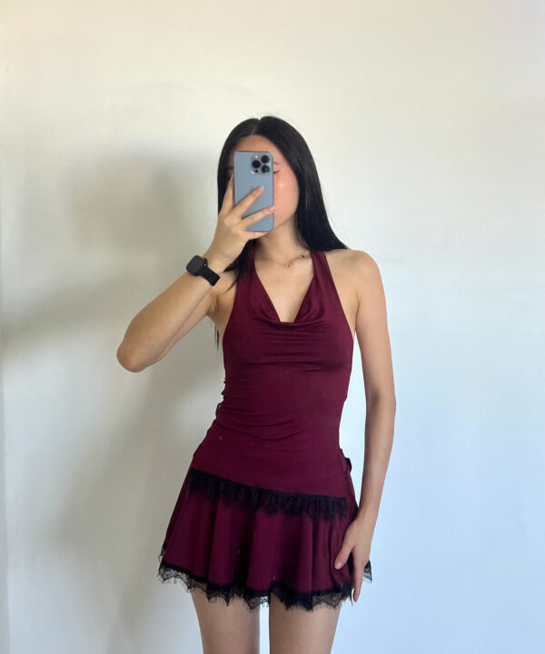 2405-TOP MODAL SOFT HALTER SEMI BUCHE PARA ATAR CUELLO Y LATERAL TAJO CON PUNTILLA FLECOS ABAJO