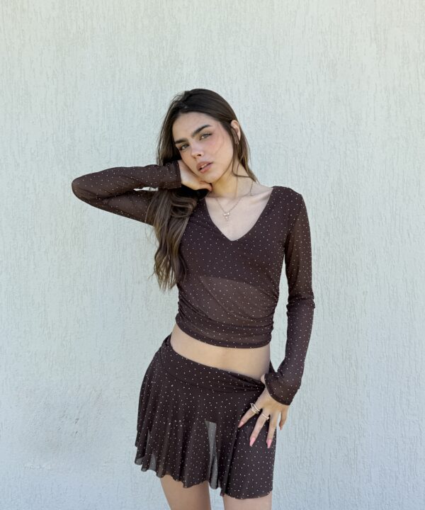 2369/TS-TOP TUL STRASS ESCOTE V FORRADO MANGA LARGA CON ELASTICO LATERALES FRUNCE