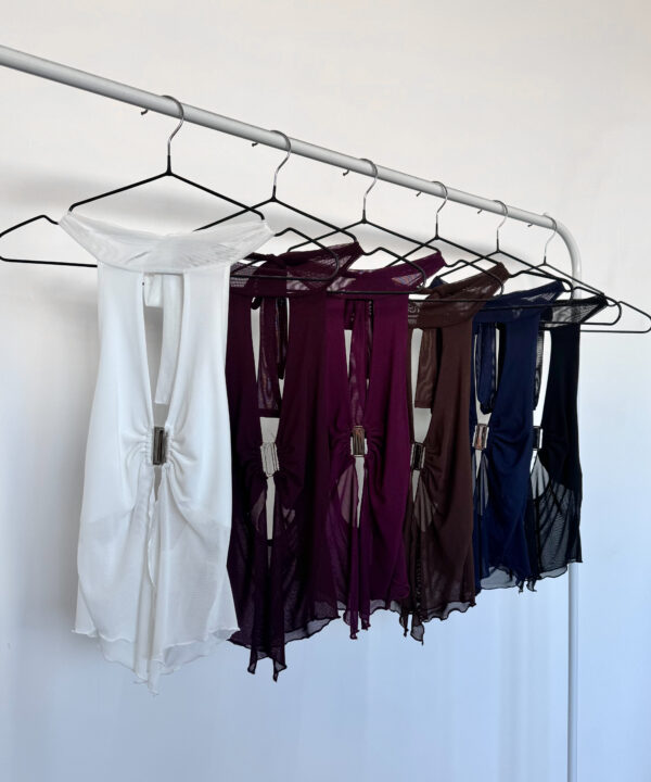 1401/T-TOP TUL LISO CUELLO HALTER PARA ATAR CON PECHERA FORRADO PICO CENTRO HEBILLA BROCHE GRANDE