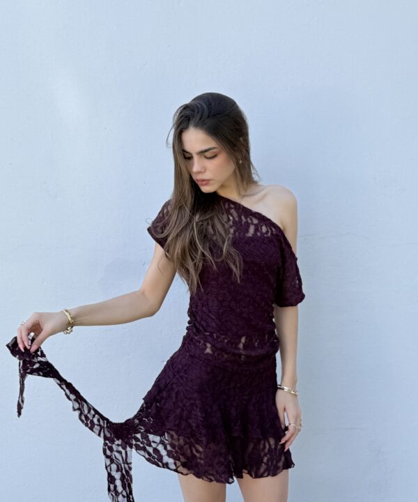 644/E-POLLERA ENCAJE GOYA DOBLE VOLADO CON SHORT INTERNO Y VOLADO CAIDO